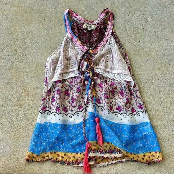 Anthropologie Lulumari Brand Mixed Media Colorful Lace Tassel Flowy Tank top - Picture 2 of 6
